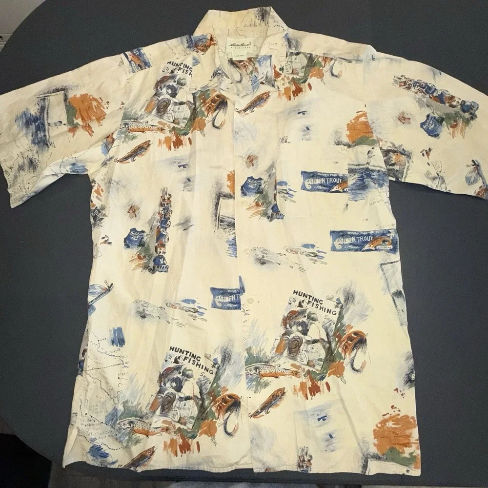 Vintage Eddie Bauer Shirt M Tan Hunting Fishing Novelty Short Sleeve Mens M‎